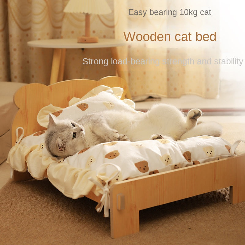 Wooden Cat Bed with Bedding Set