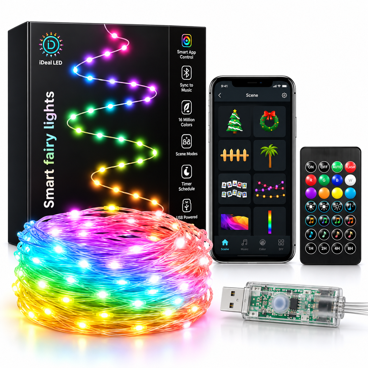 Smart RGB fairy lights with app, remote and USB controller